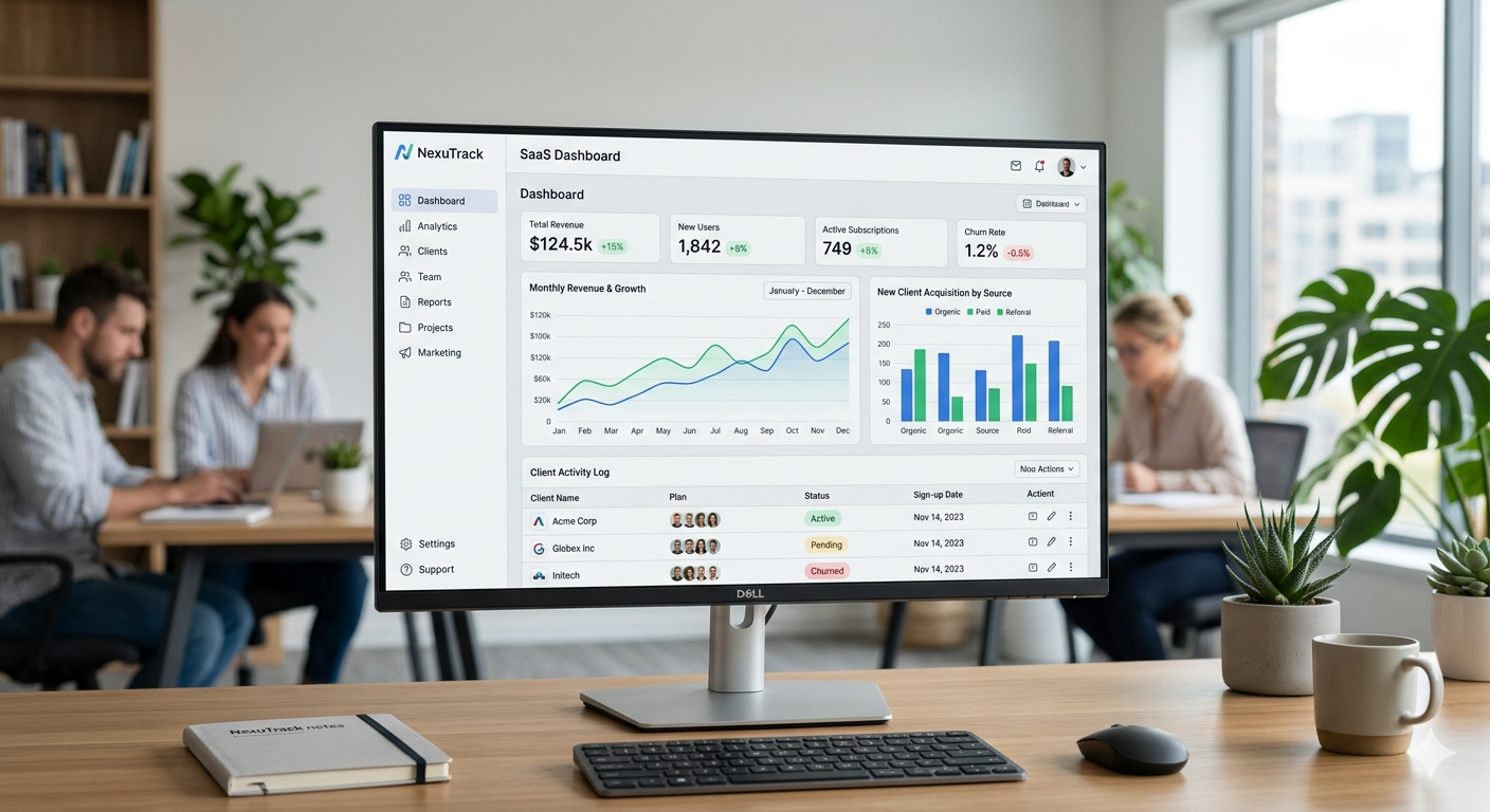 SaaS analytics dashboard UI design with sidebar navigation and data visualizations