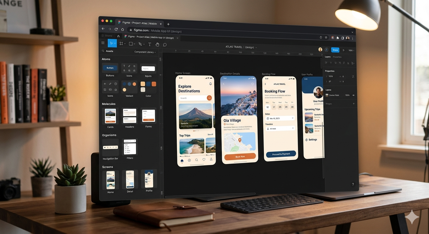 Figma design workspace showing a beautifully crafted mobile app UI