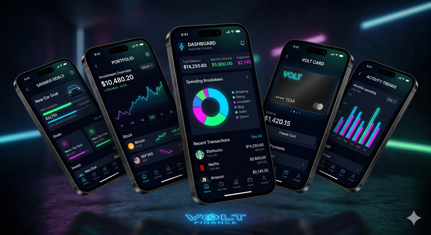 Fintech app UI design project: mobile dashboard with analytics and clean typography