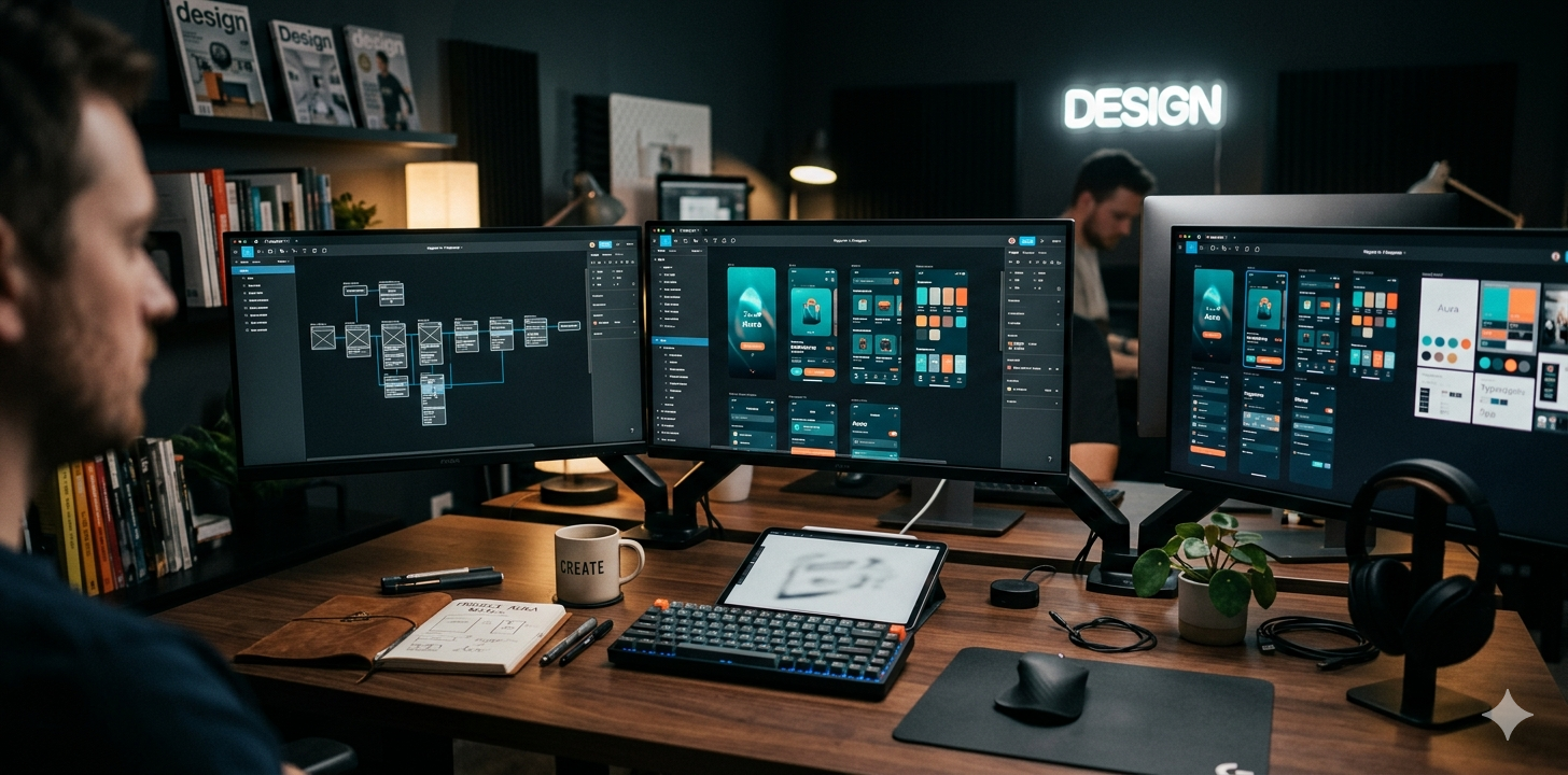 Modern UI/UX design studio workspace with multiple screens showing wireframes and prototypes