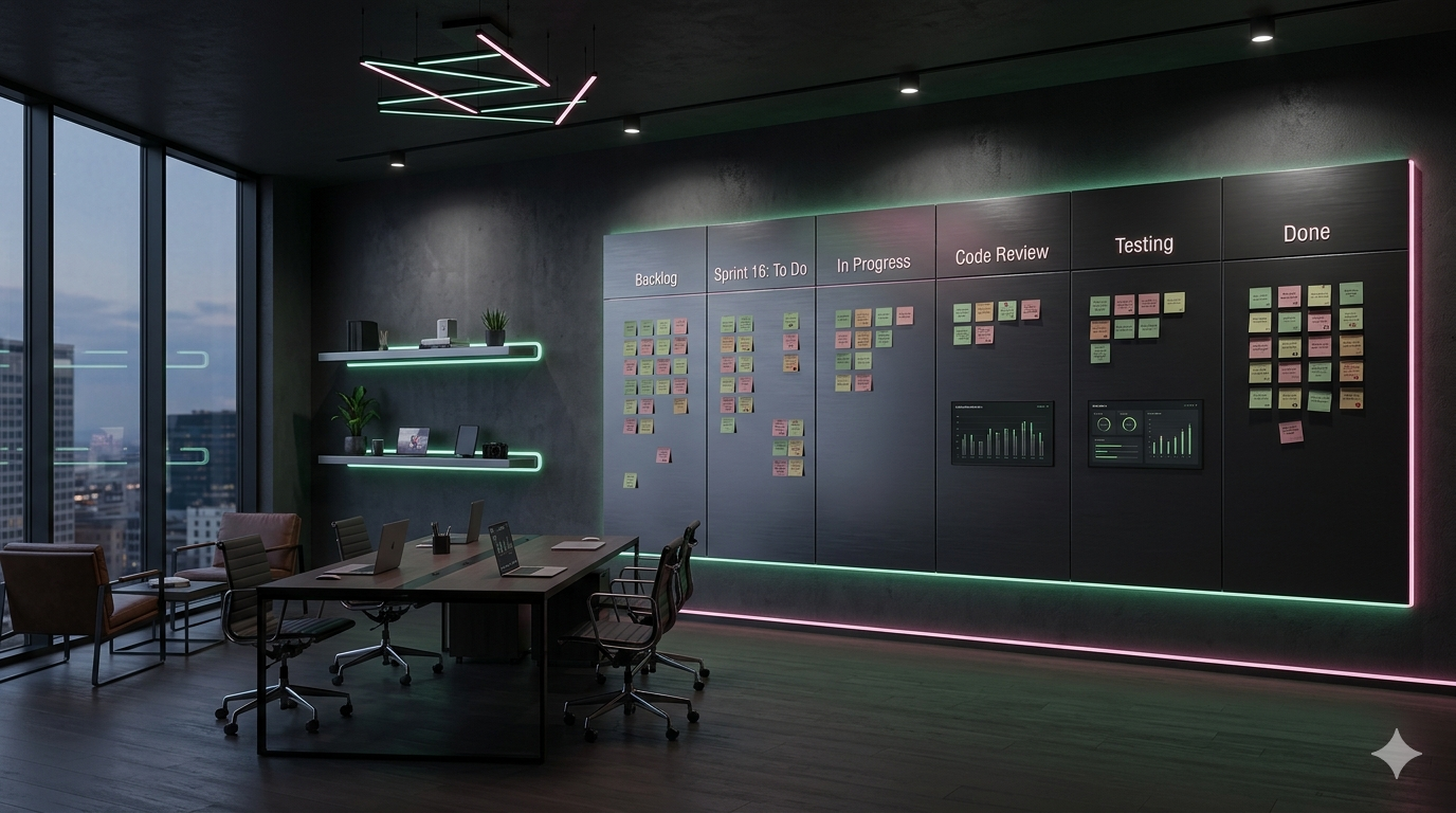 Agile team sprint board with kanban workflow and neon accents