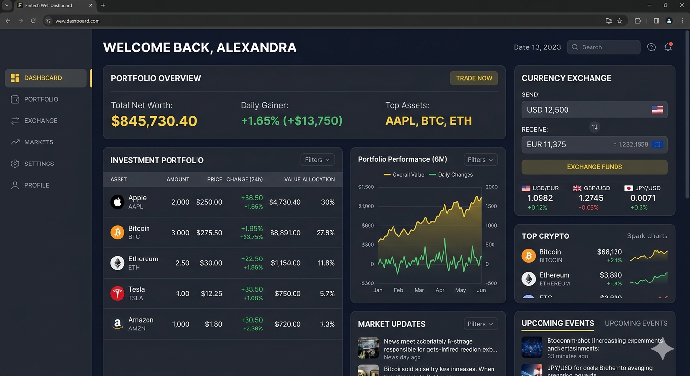 Fintech investment portfolio web app with dark premium UI