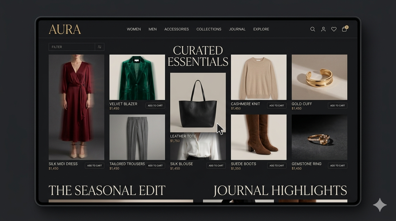 Luxury e-commerce fashion platform with editorial dark UI