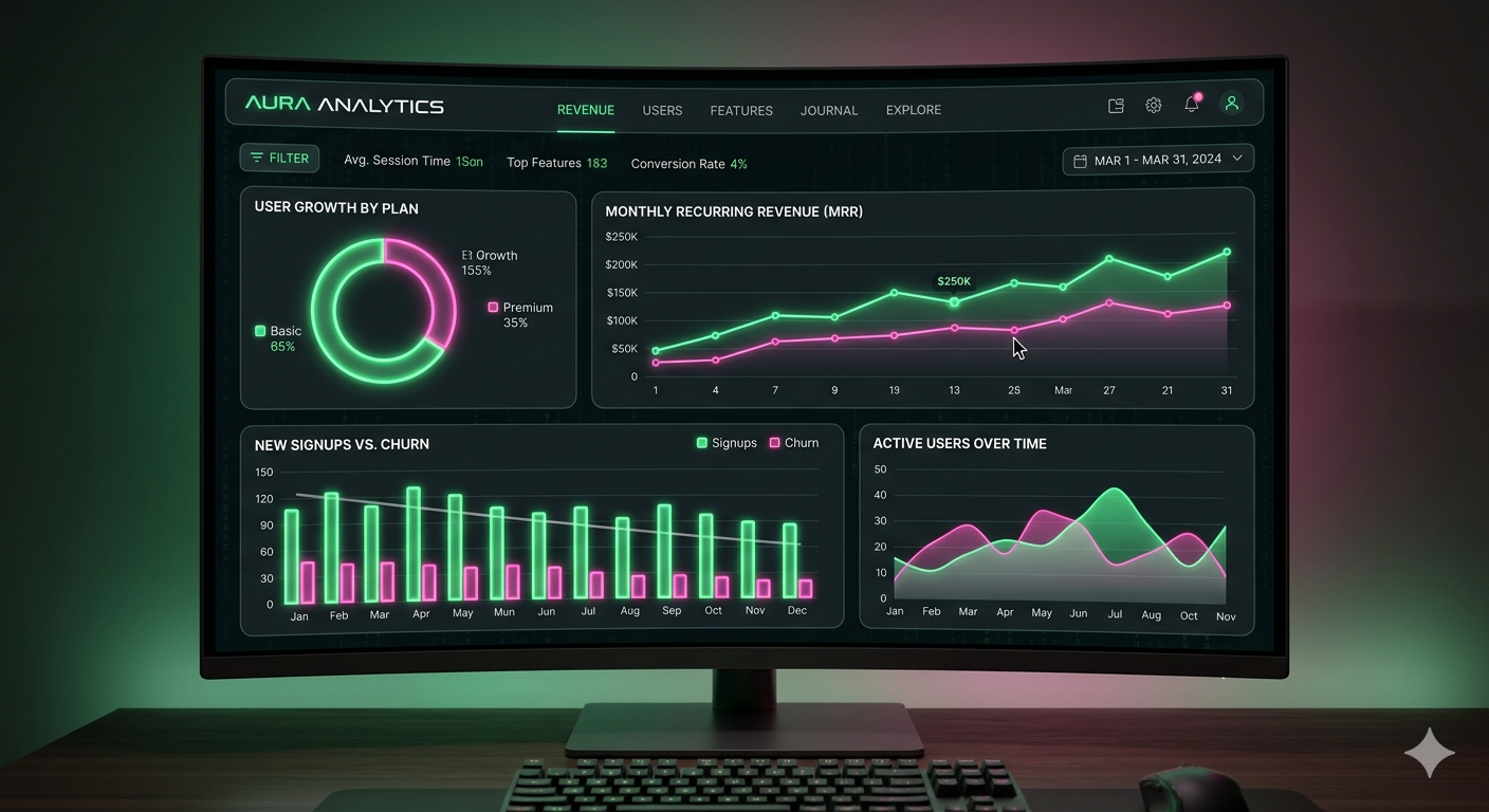 SaaS analytics dashboard with neon data visualizations