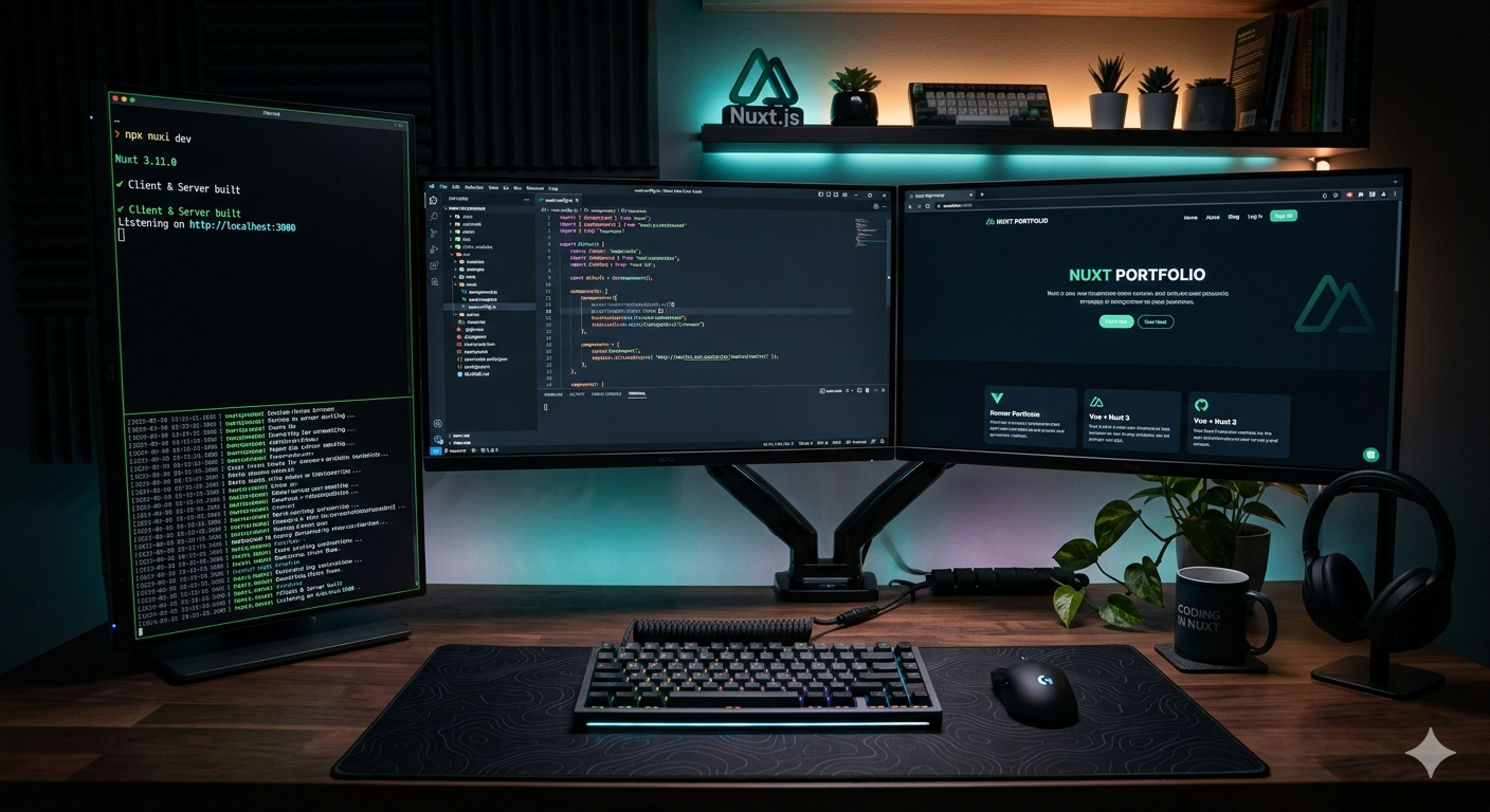 Web development workspace with dual monitors and glowing terminal